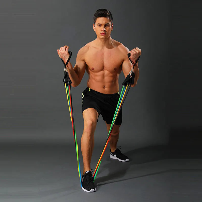 11 piece TPE latex resistance tensioner set for home fitness with colour coded bands