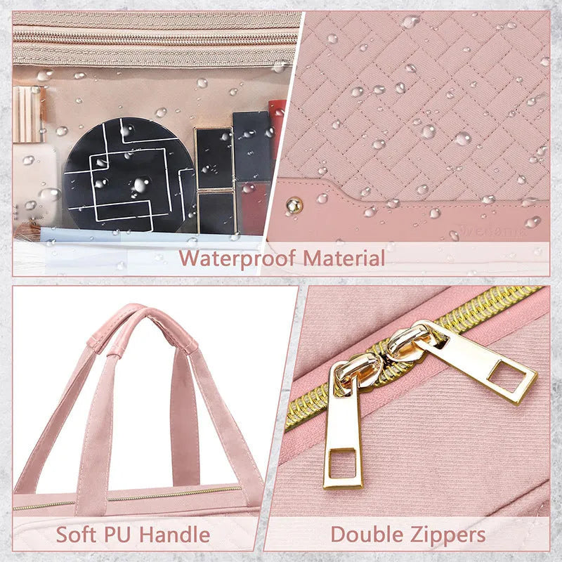Women's hanging storage cosmetic bag in waterproof polyester, black or pink solid colour, dimensions 30.5cm