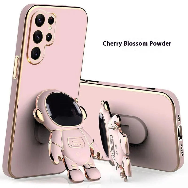 Electroplated 6D astronaut bracket phone case for Samsung S22 Ultra in black, showing built-in kickstand