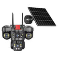 Three-lens solar PTZ security camera in black ABS housing with solar panel for outdoor full colour night vision surveillance