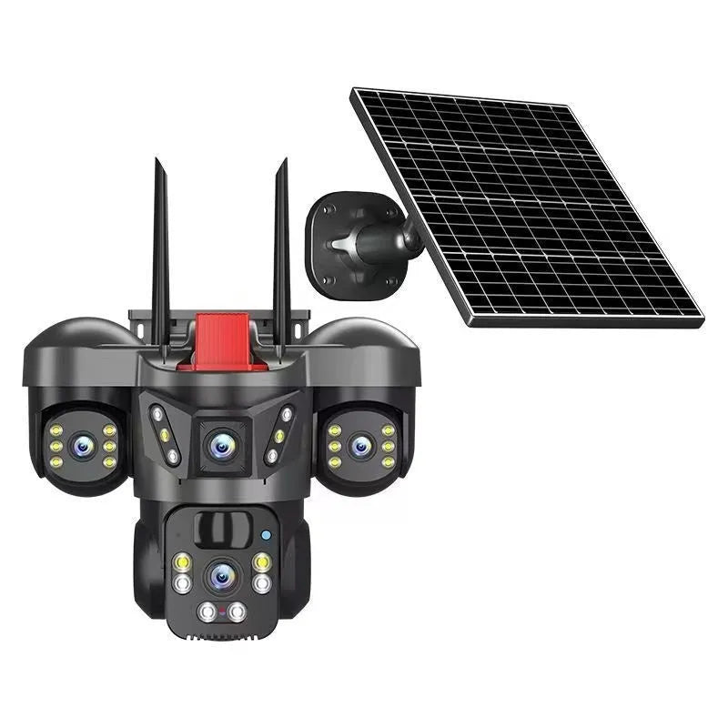 Three-lens solar PTZ security camera in black ABS housing with solar panel for outdoor full colour night vision surveillance