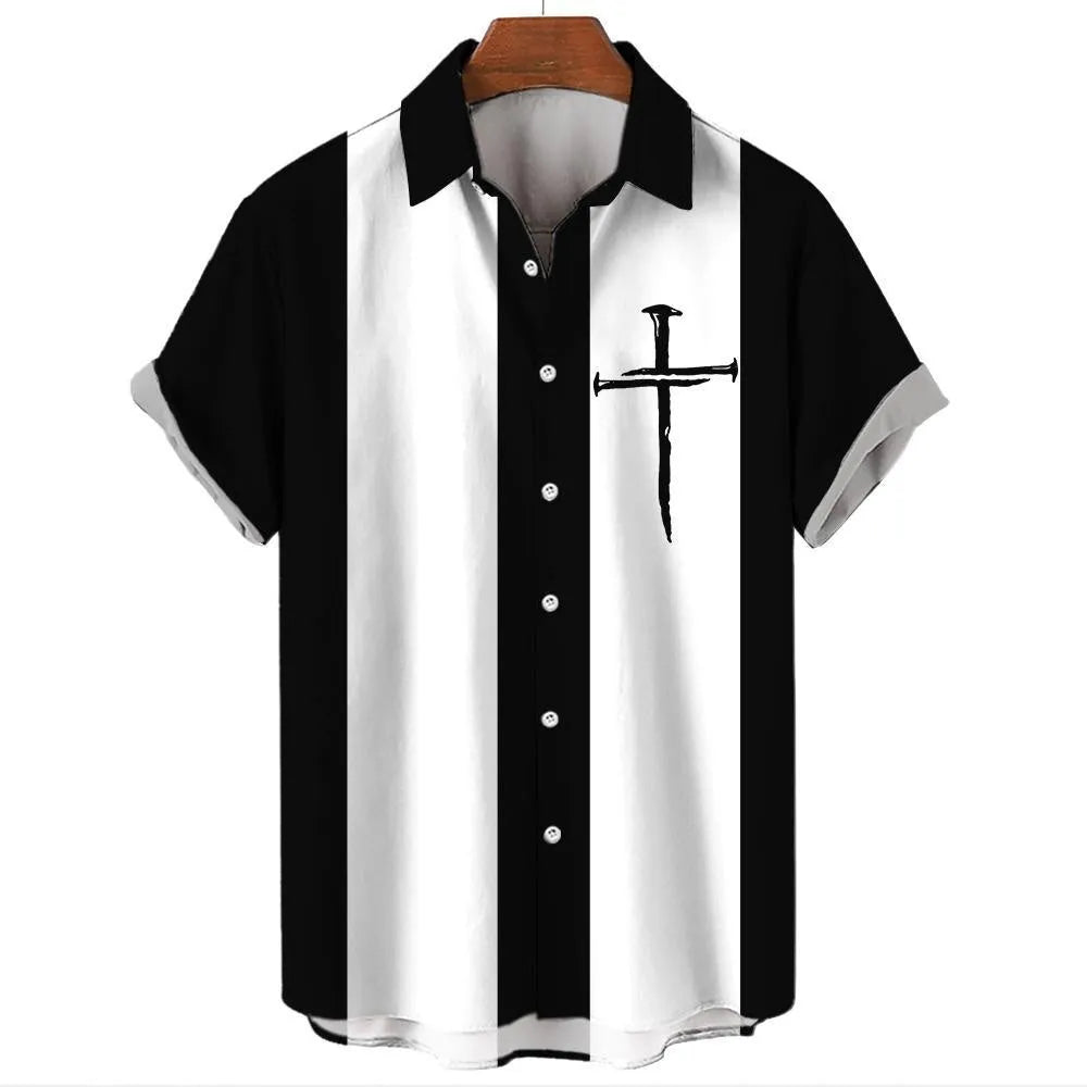 Men's striped Hawaiian casual button-down shirt with short sleeves in polyester fabric