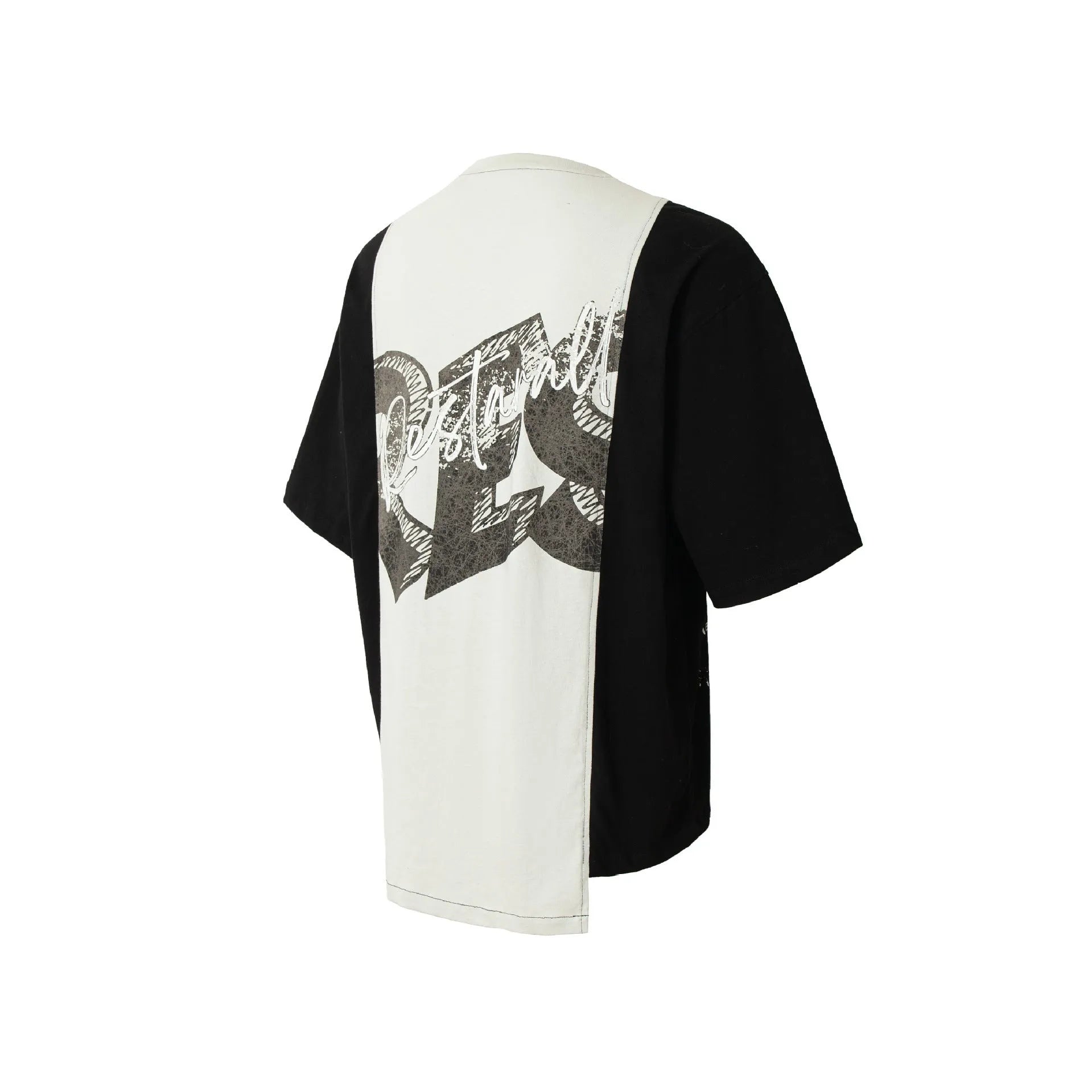 Black and white deconstruction collage printed cotton blend T-shirt with short sleeves and loose fit.