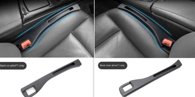 Black plastic car seat gap storage box organising items between vehicle seats