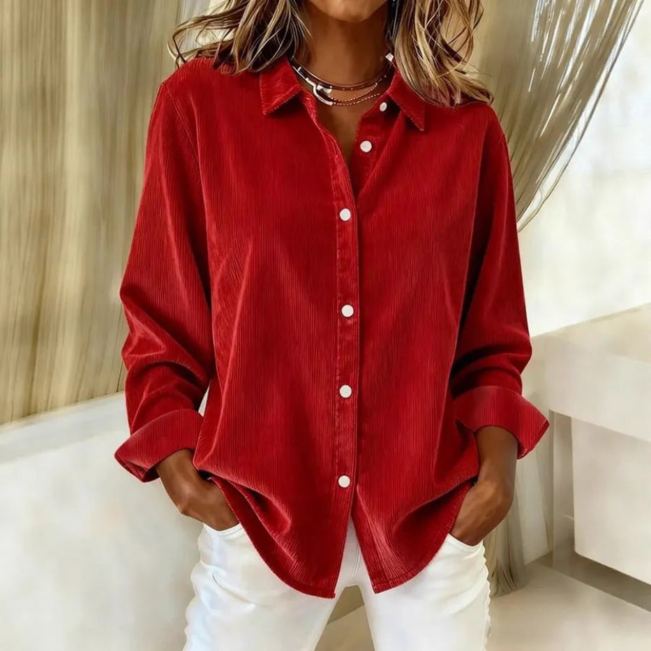 Women's corduroy casual shirt in solid colour with lapel collar and long sleeves, available in multiple sizes