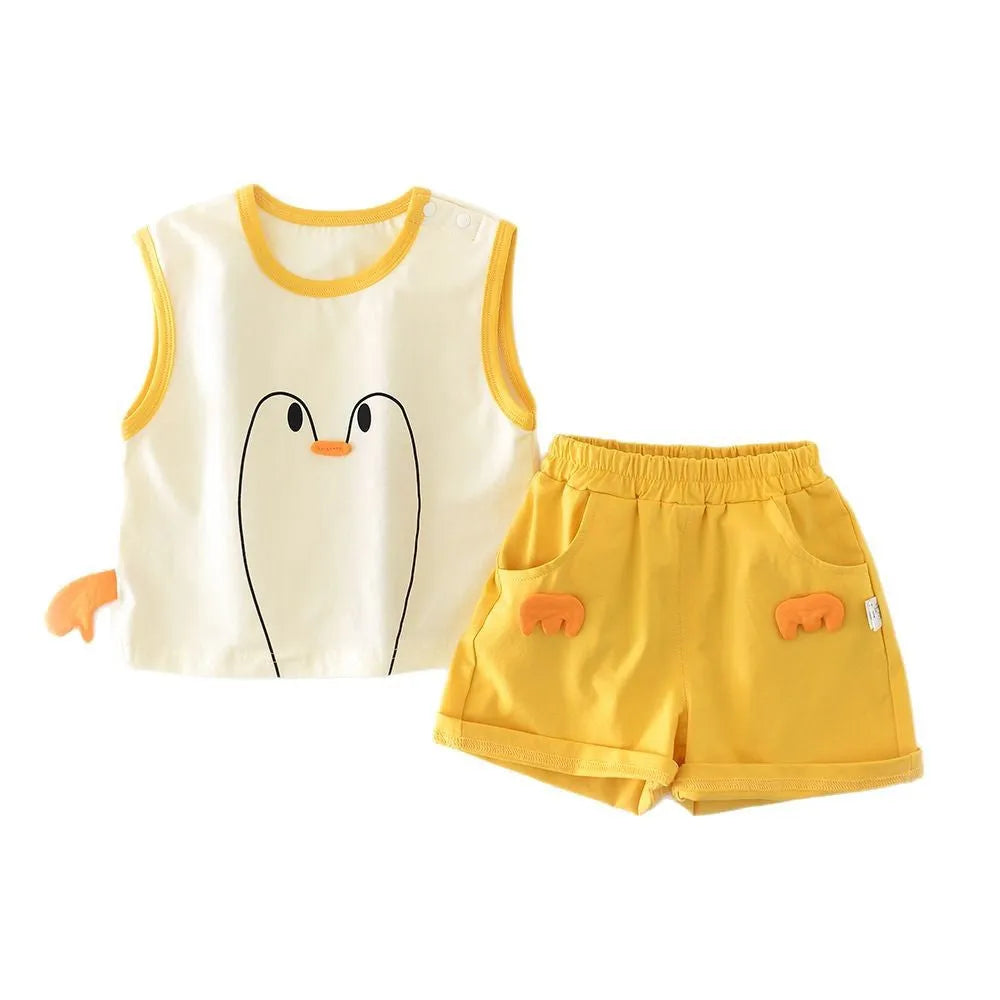 Big White Goose yellow cartoon shorts vest set for infants and toddlers, cotton blend, 73-100cm