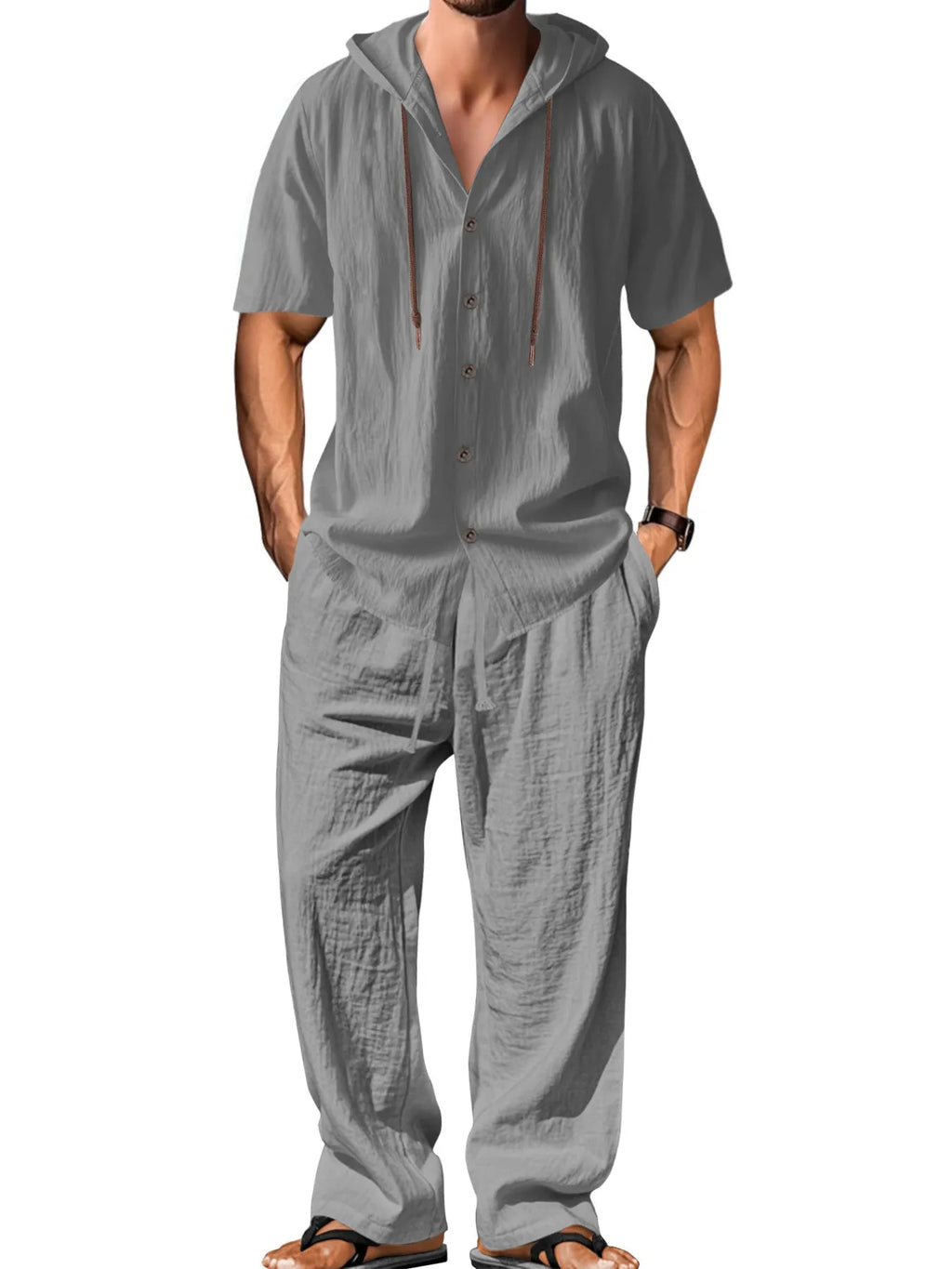 Men's two-piece cotton casual suit with long sleeves and trousers on a hanger