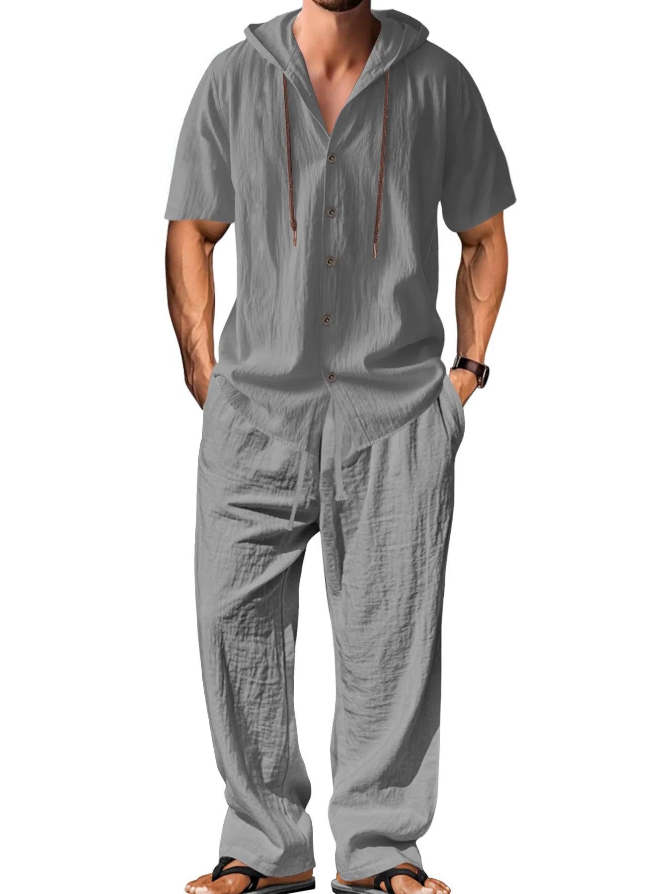 Men's two-piece cotton casual suit with long sleeves and trousers on a hanger