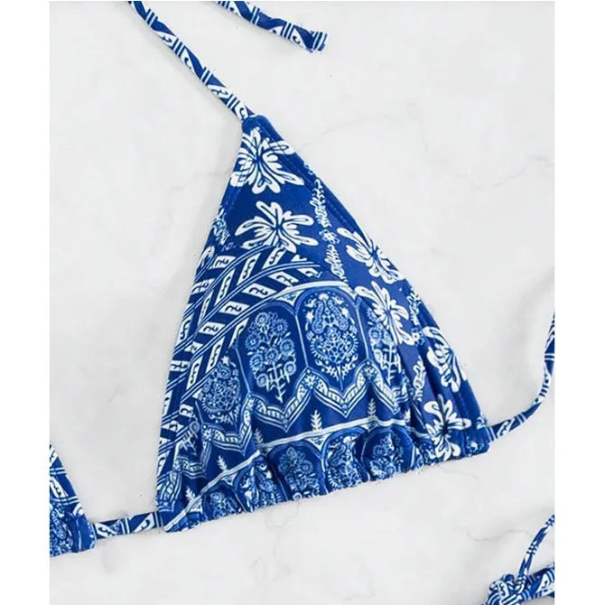 Women's bandage style split bikini swimsuit with stitching and printing details in multiple colour options