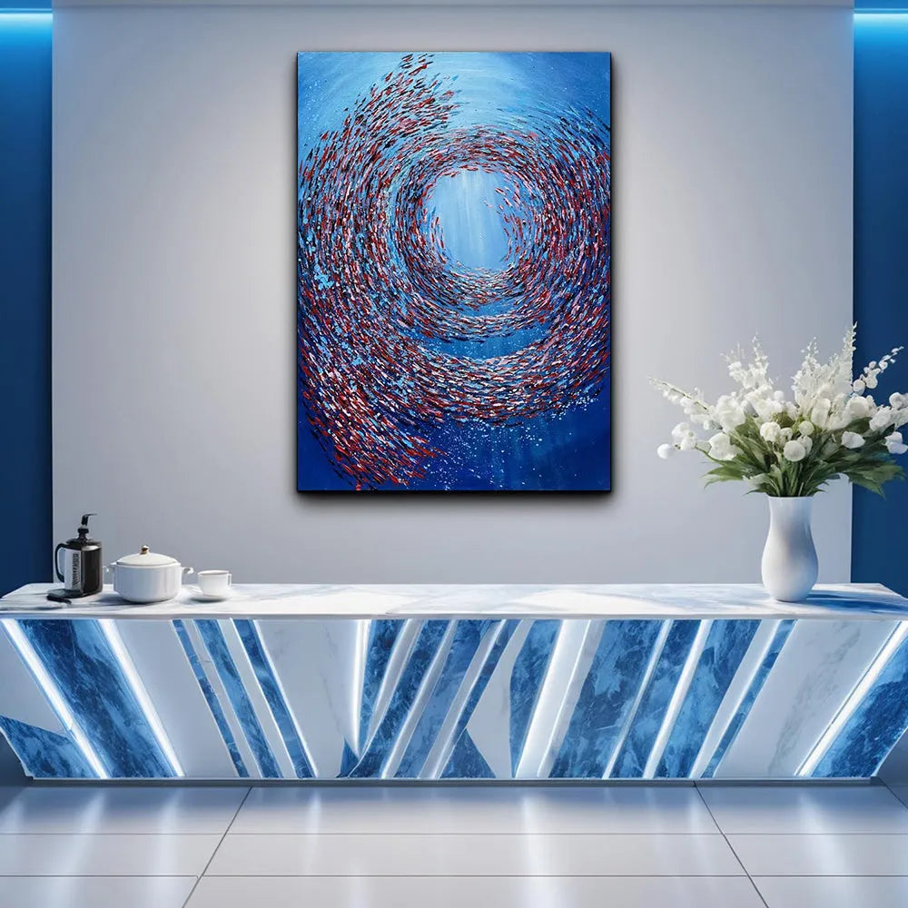 Thick textured knife painted fish vortex handmade abstract oil painting on canvas for home wall decoration