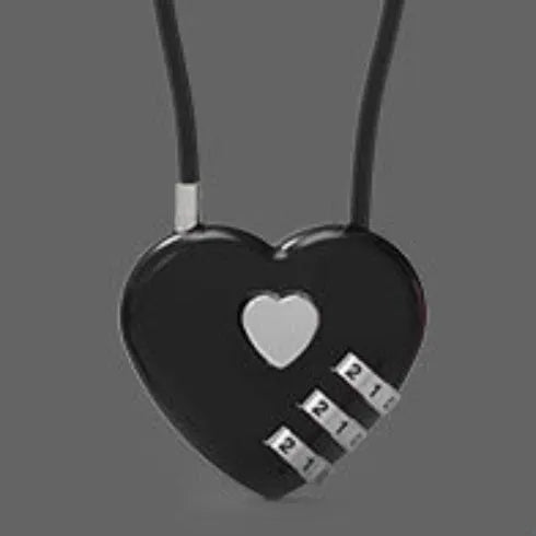 Peach heart shaped combination lock with a long black steel cable, shown in blue plastic.