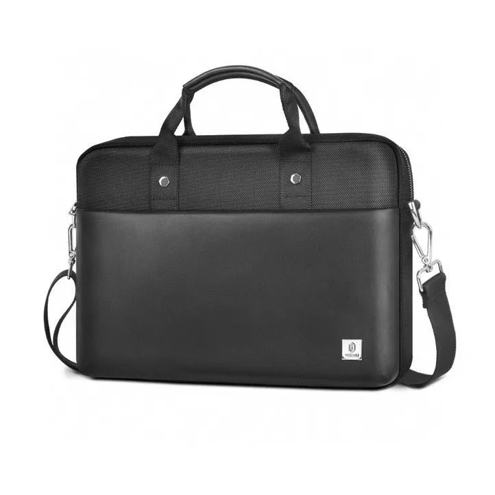 Black Oxford cloth laptop handbag with multiple compartments shown open, displaying organised storage for a 15.6-inch computer.