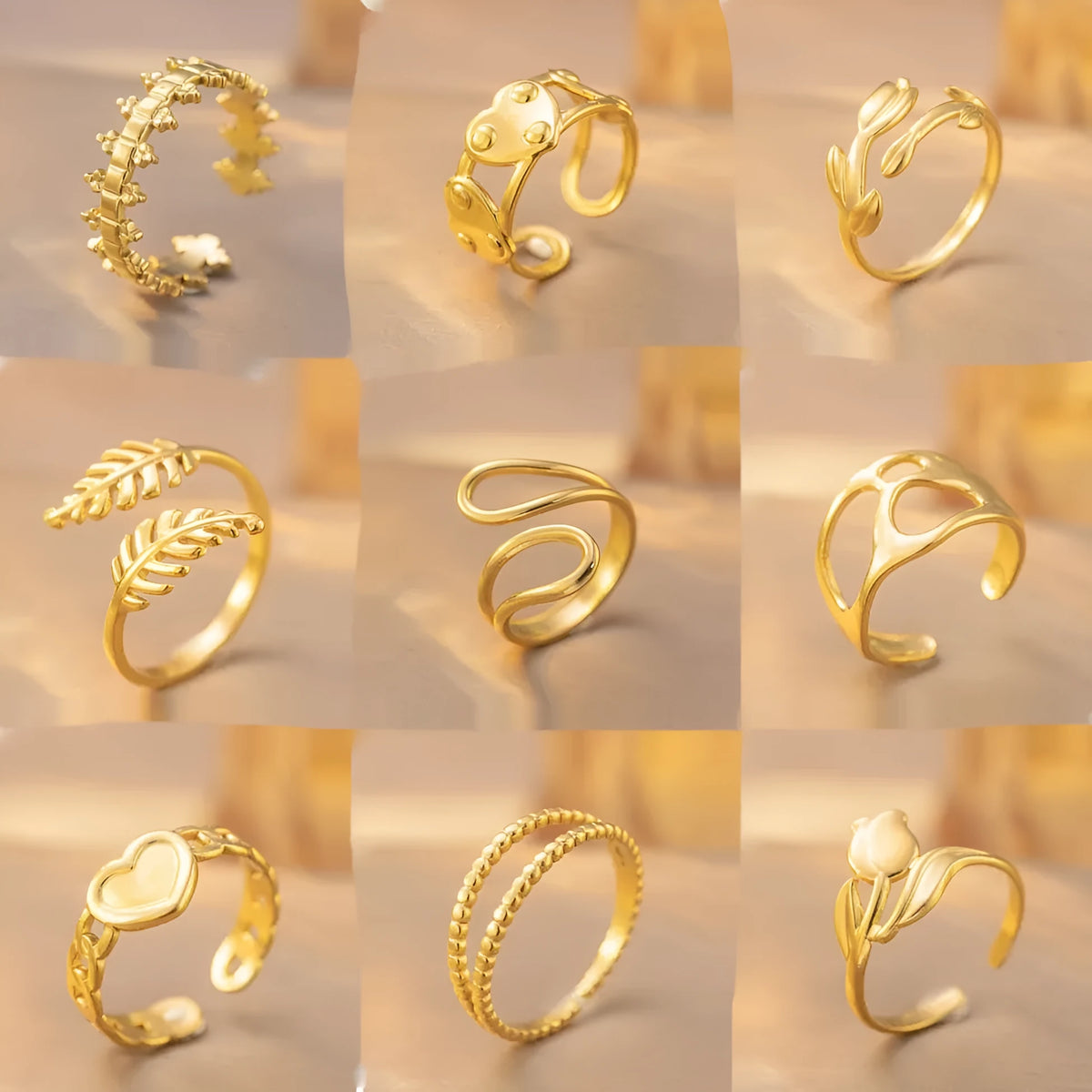 Open adjustable titanium steel ring with geometric shape and electroplated gold or steel colour finish