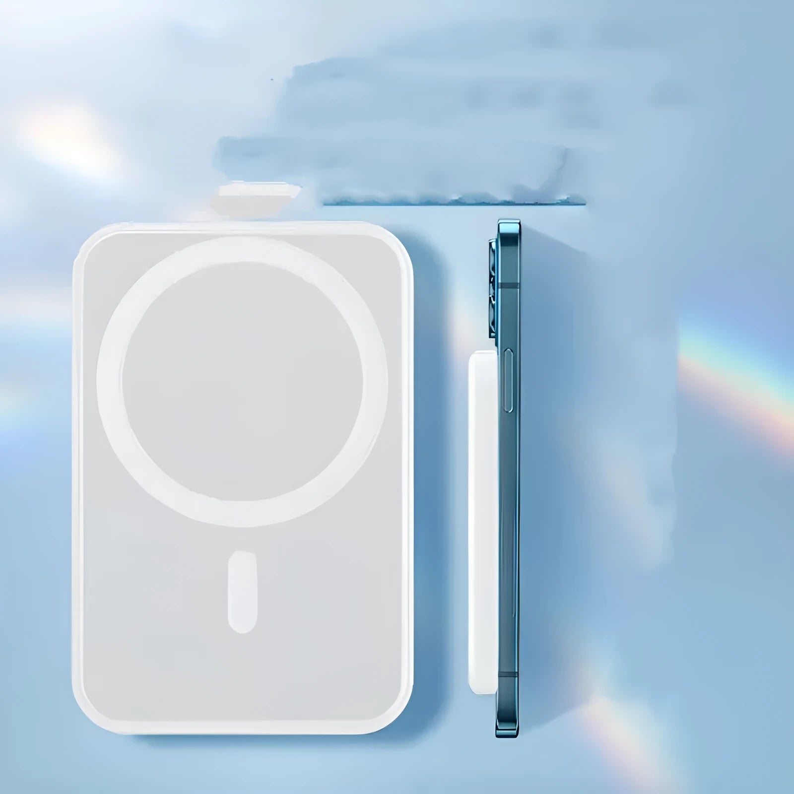 White wireless power bank with magnetic charging surface showing 5000mAh capacity label