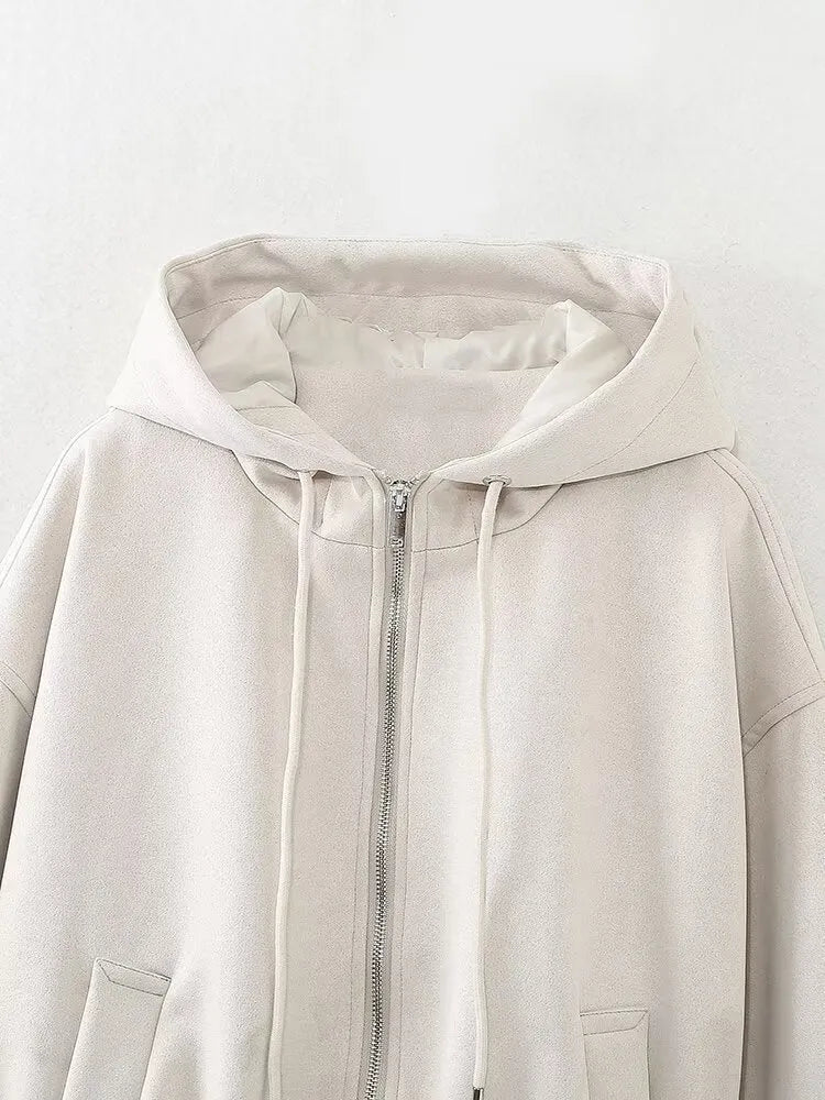 Women's suede hooded jacket in black or white colour showing casual styling and hood detail