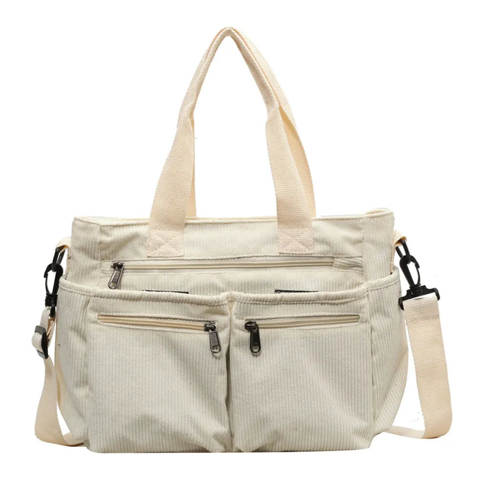 Large capacity women's soft corduroy shoulder messenger bag in beige, horizontal square shape