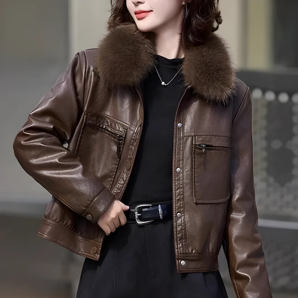 Women's fleece-lined faux leather coat in black, short lapel Western style, available in sizes L to 4XL