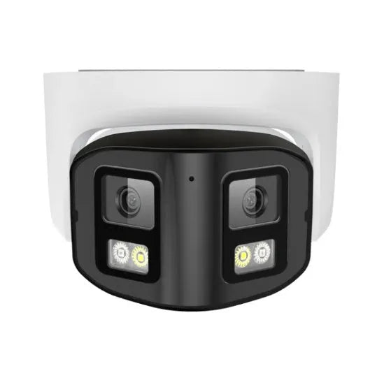 4MP dual-lens IP66 waterproof security camera with compact design for POE network installation.