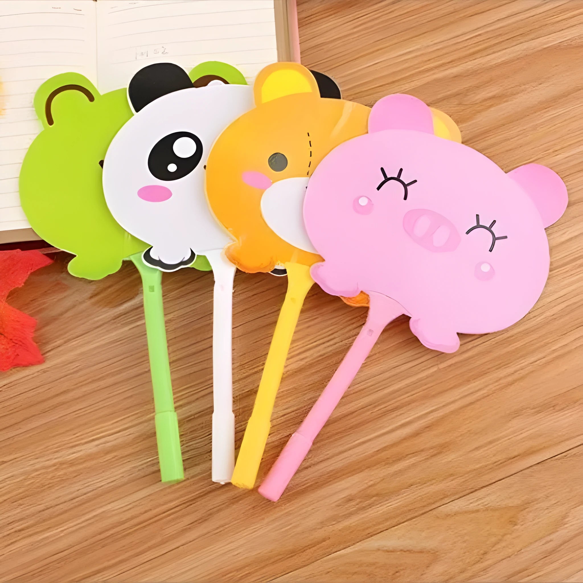 Fan-shaped promotional ballpoint pen with character refill showing 19.5cm length and 0.5mm nib