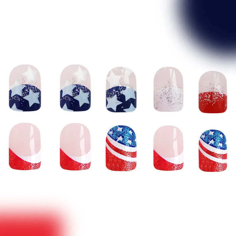 Independence Day nail art stickers with red, white, and blue five-pointed star designs on short square nails.