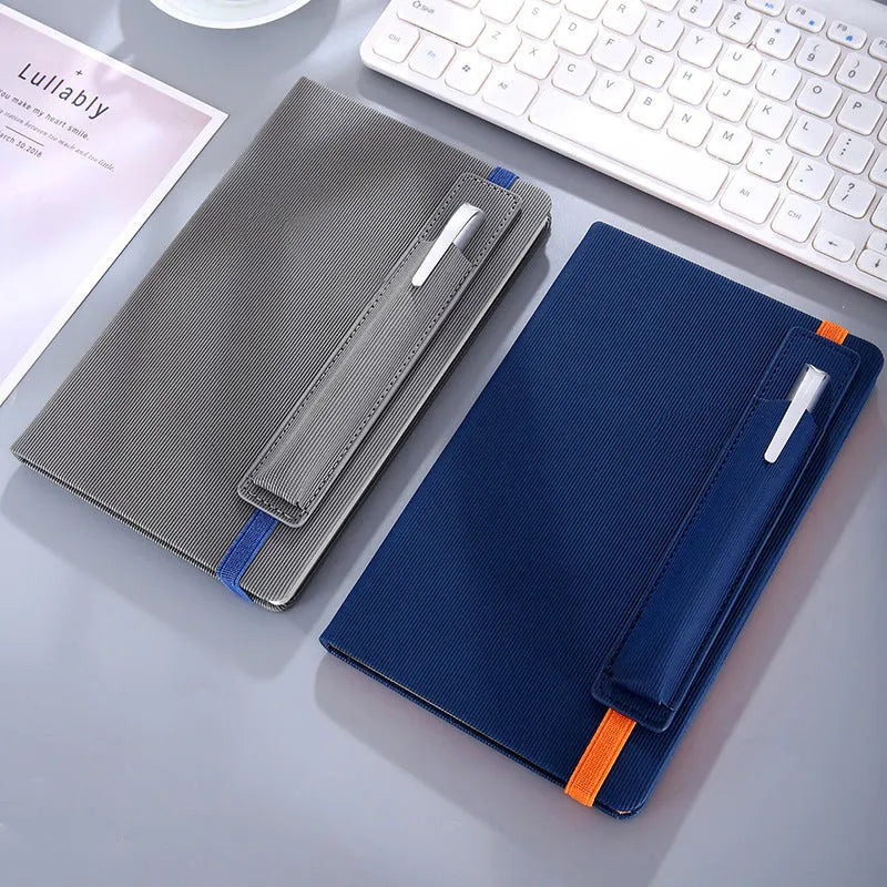 A5 faux leather notebook open with pen insert and strap, 200 pages, blue and black options