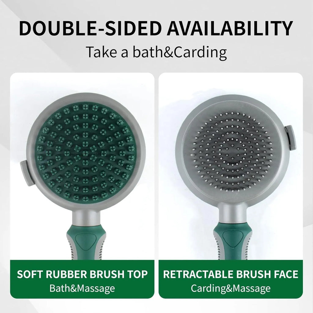 Green 2-in-1 silicone pet grooming brush showing slicker brush side and octopus-teethed massager side