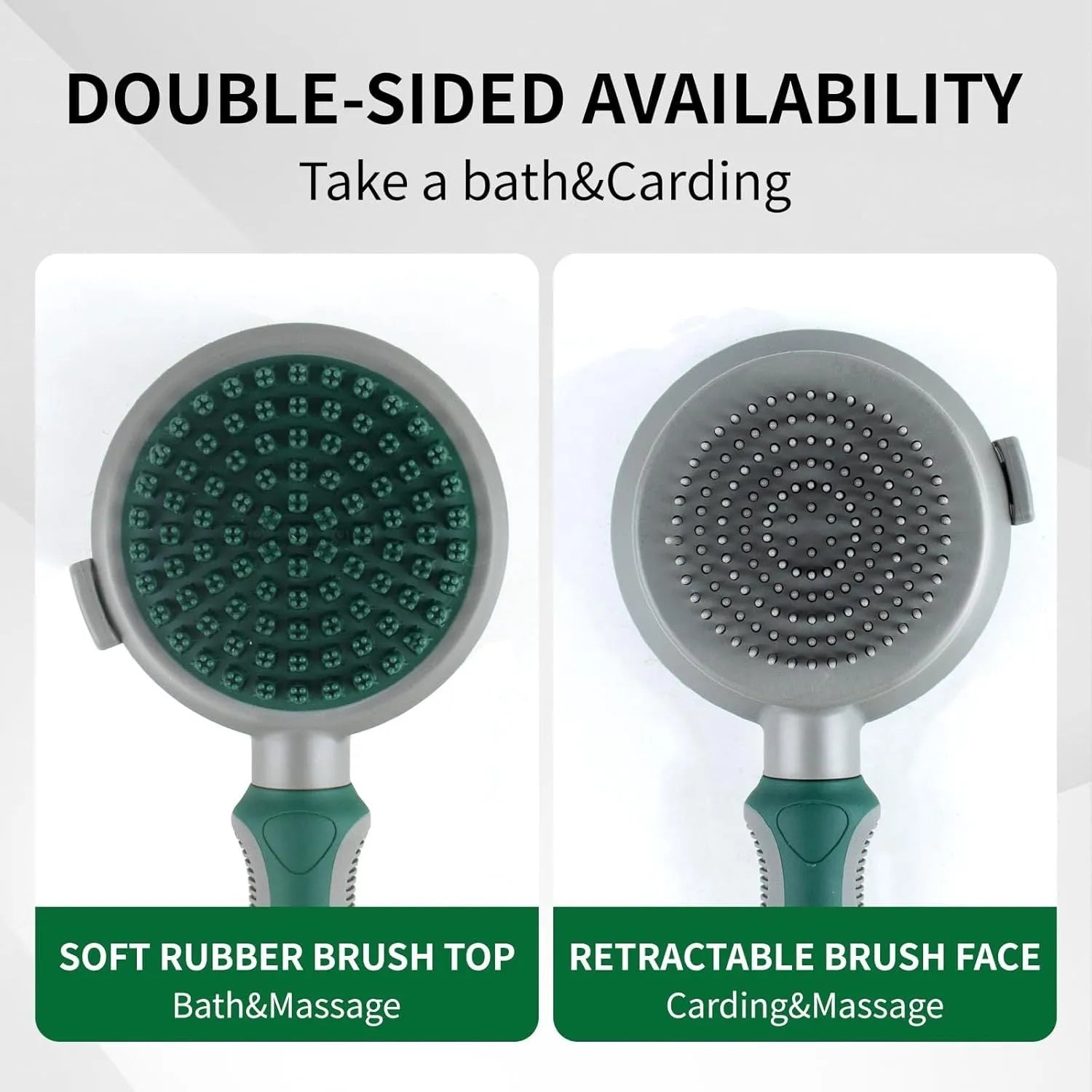 Green 2-in-1 silicone pet grooming brush showing slicker brush side and octopus-teethed massager side