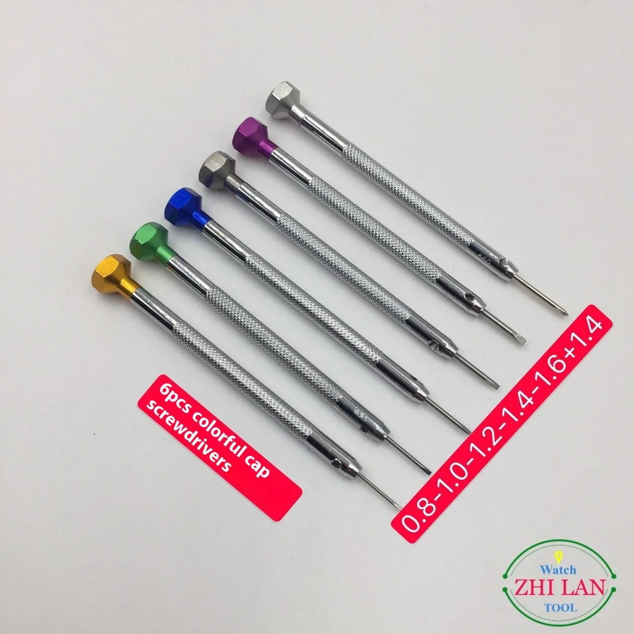 Six-piece watch repair screwdriver set with coloured aluminium handles and spring steel cutter heads