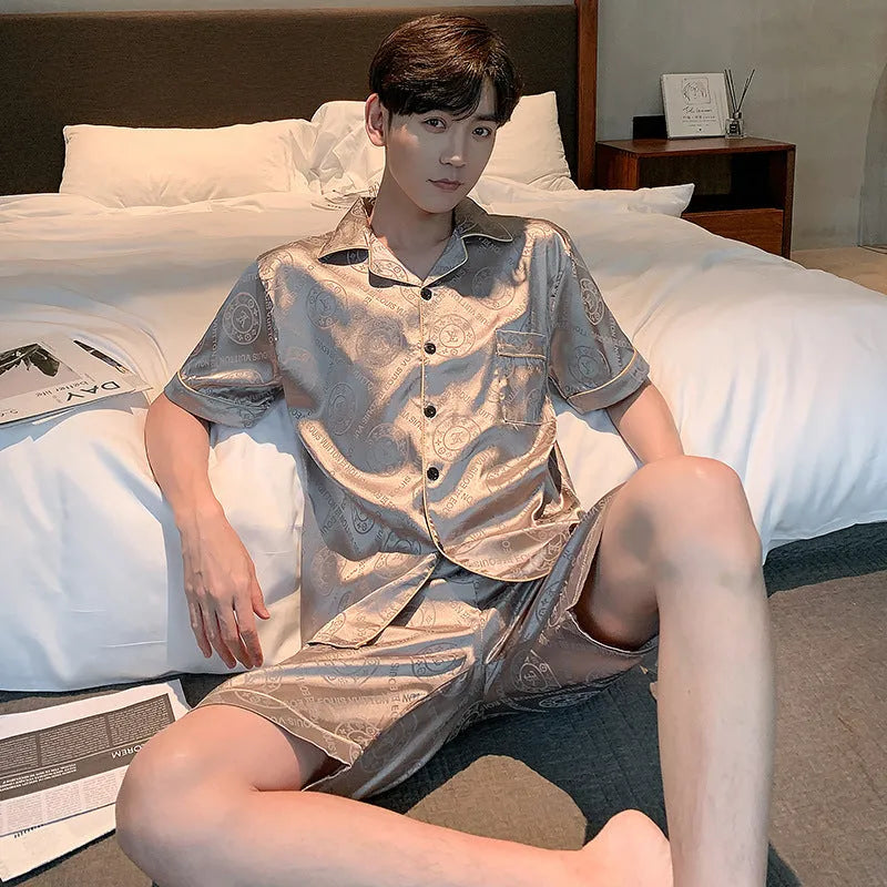 Men's ice silk short sleeve pajama set in plaid pattern, plus size loose fit, summer homewear suit