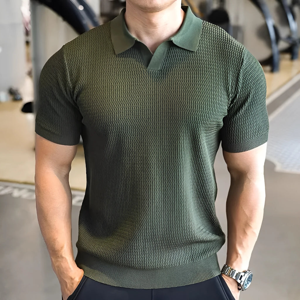 Men's button-down henry collar polo shirt in slim fit, shown in a solid colour.