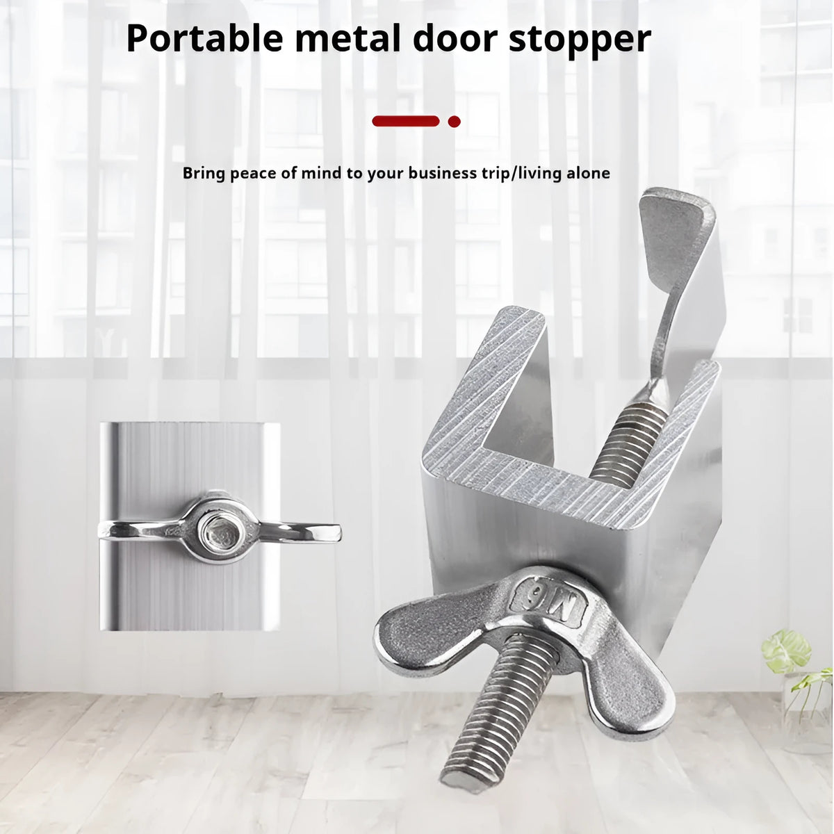 Portable hotel door stopper security lock in stainless steel and aluminium alloy with through-plug and shackle lock