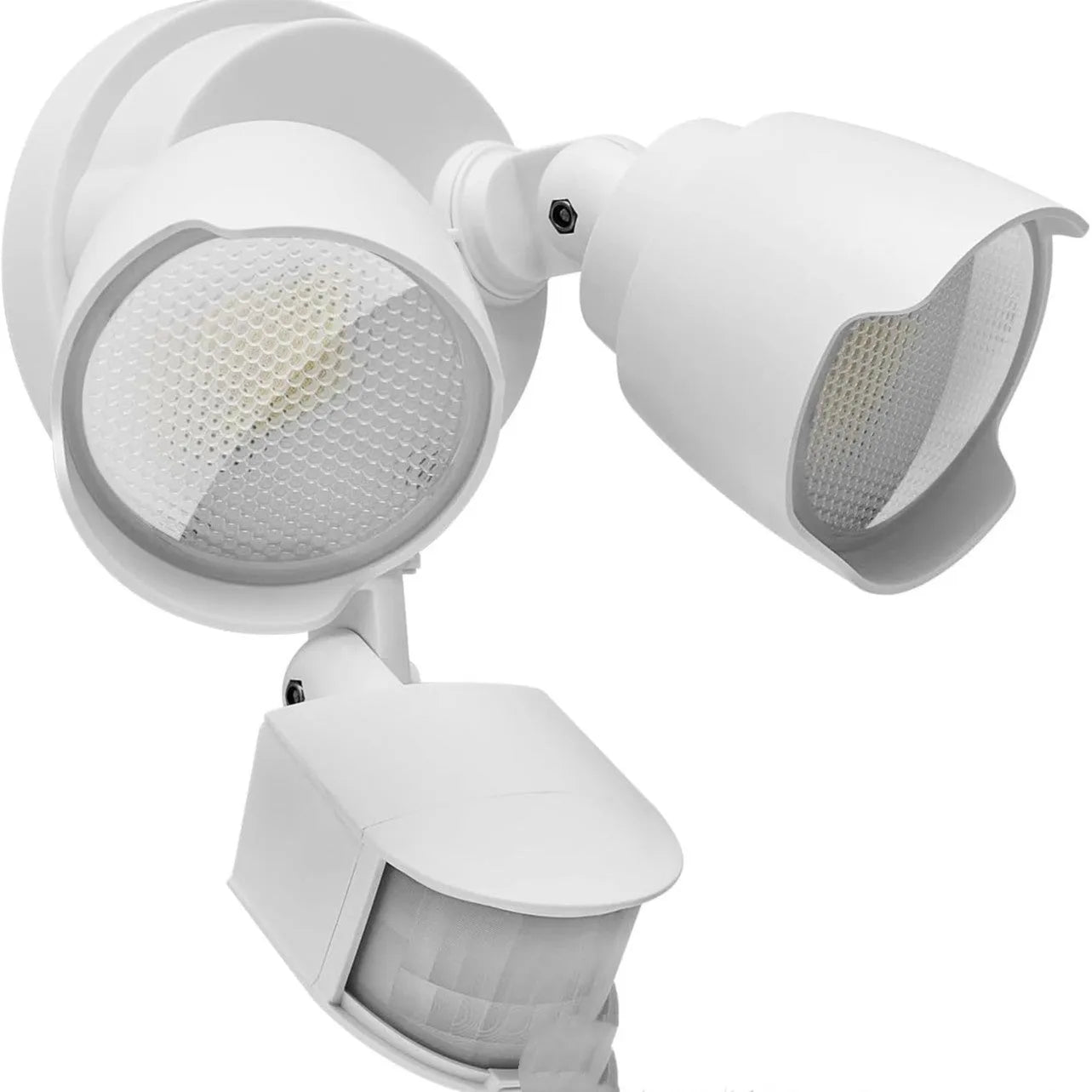 White 120V LED security floodlight with PIR sensor, dimensions 200x195x168mm, for wall or ceiling mounting.