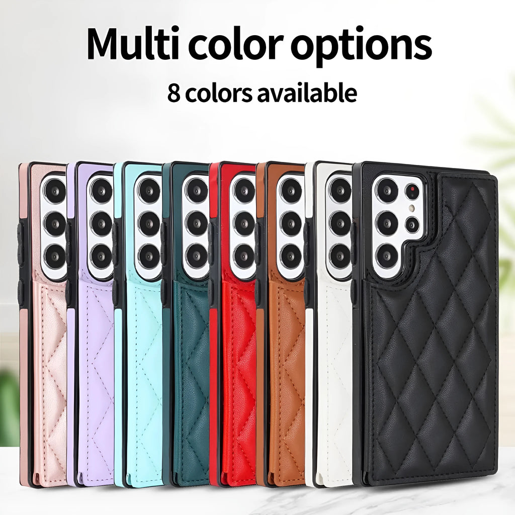 Samsung plaid double buckle phone case with card slot and kickstand in black, showing manual stitching veneer