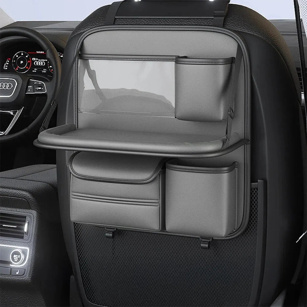 Car seat back storage bag with foldable dining table in waterproof leather construction