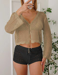 Women's hollow woven cardigan blouse with nine-quarter bell sleeves in apricot colour