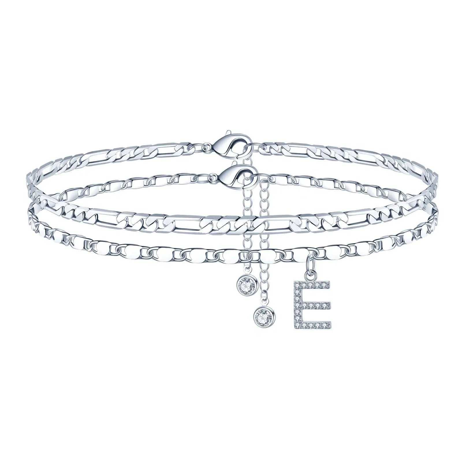 Copper double-circle bead anklet with silver colour finish showing customisable letter styling options