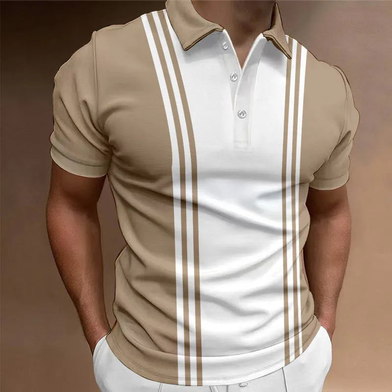 Men's casual T-shirt with 3-button lapel printing in loose pullover style and short sleeves