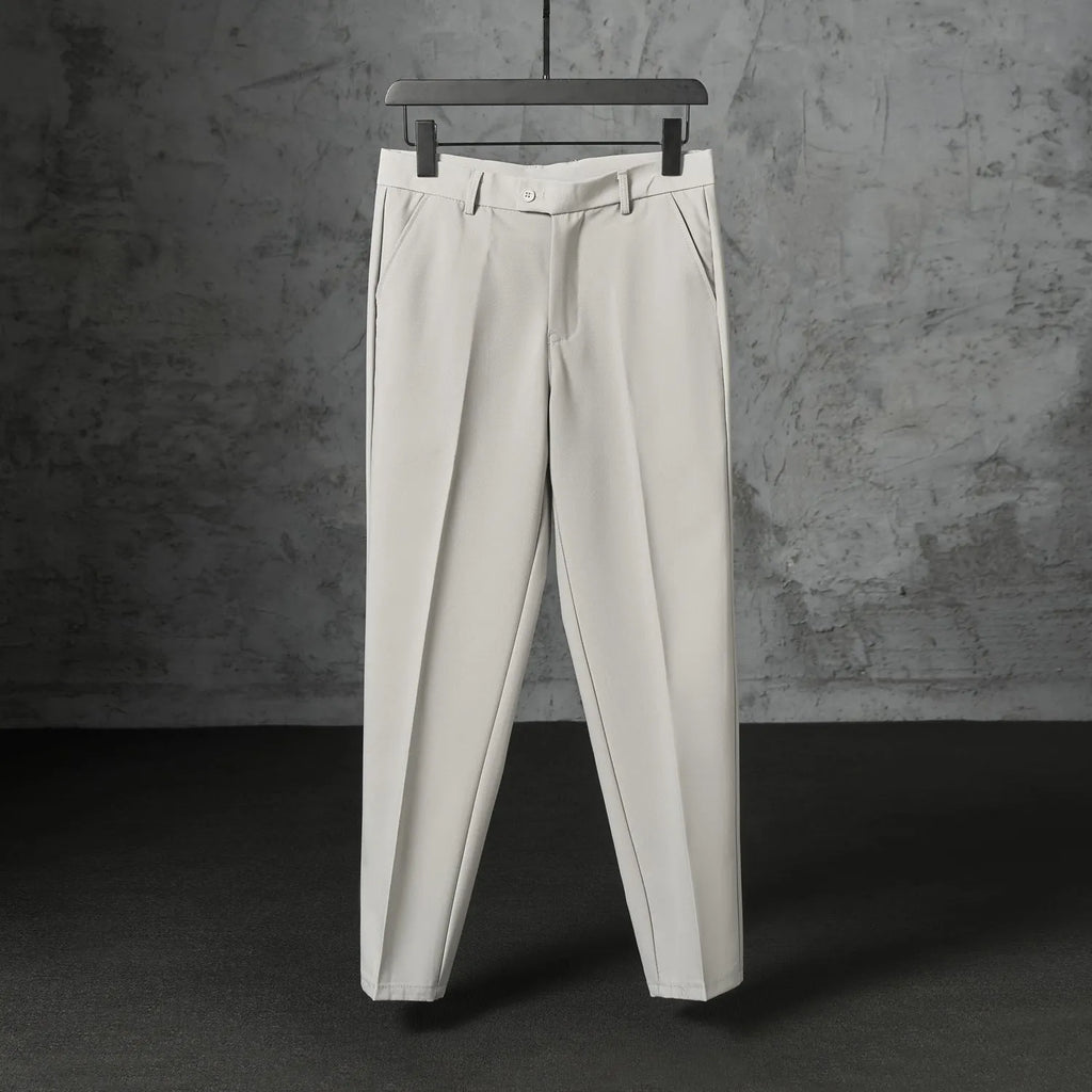 Men's straight loose fit brushed polyester trousers in khaki, side view, size 32