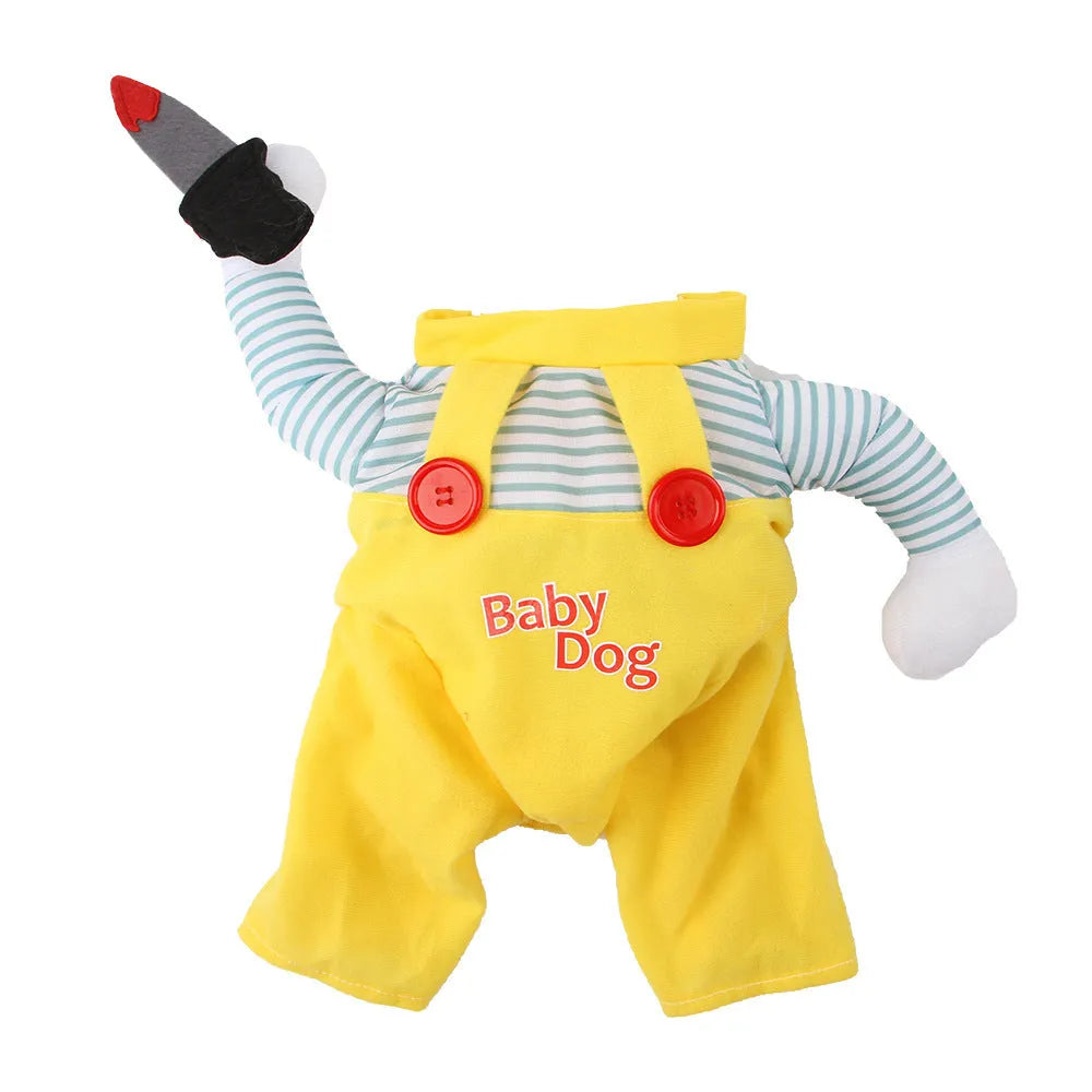 Yellow knife assassin costume for cat on hanger showing B02405 colour and polyester material