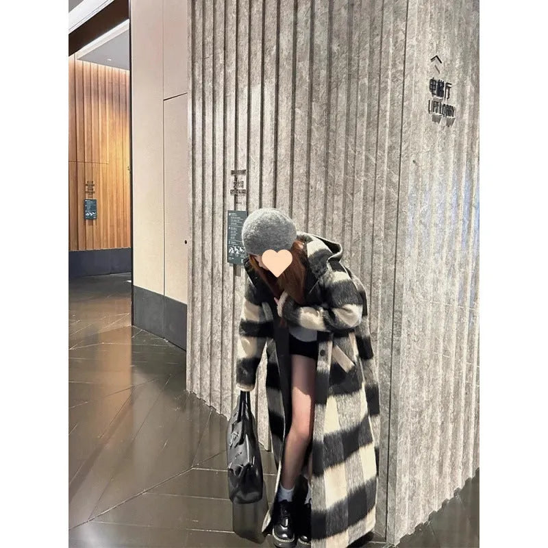 Beige black plaid mid-length loose fit women's woolen coat on hanger, size L to 4XL available