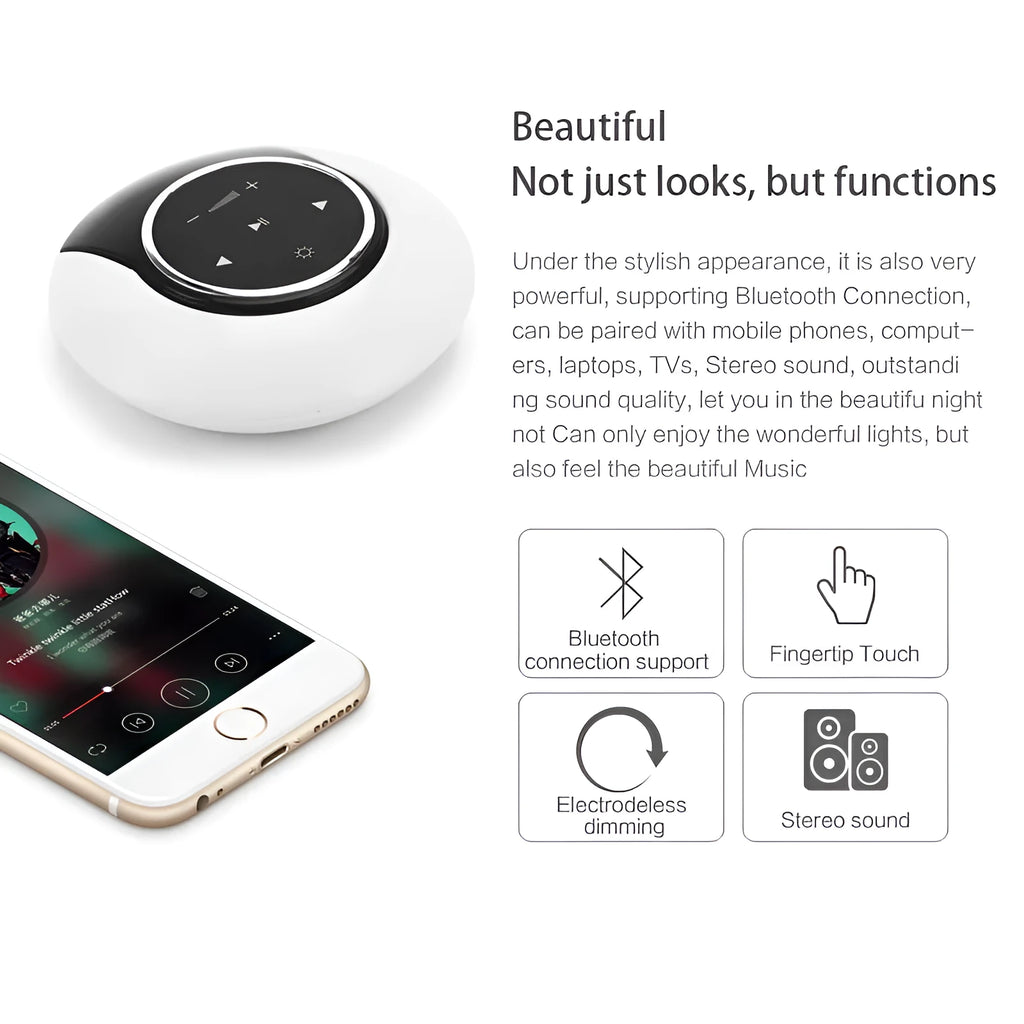 Folding Bluetooth desk lamp and speaker with touch controls showing blue atmospheric LED light.