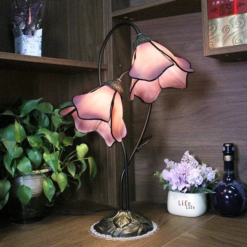 American classical retro style glass table lamp with ornate lotus shade, shown in a beige double head configuration.