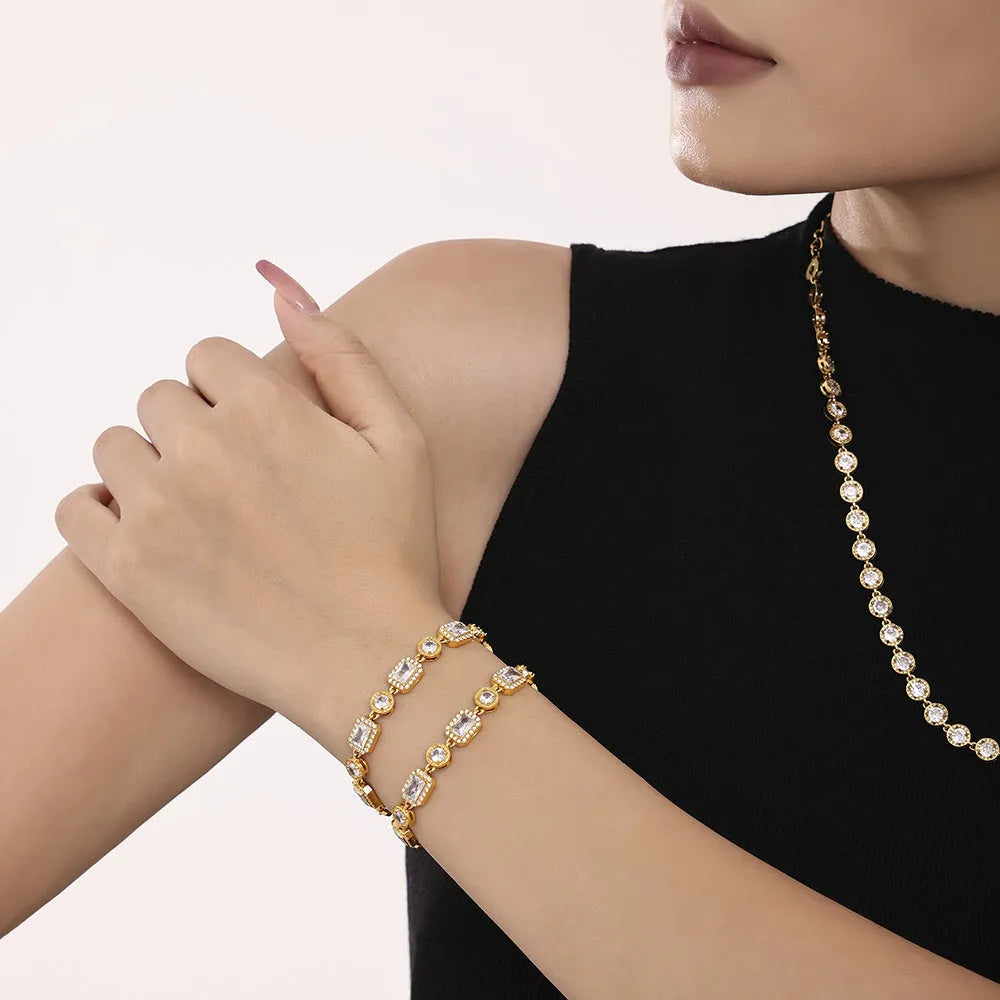 European American fashion titanium steel bracelet with square inlaid zircon rhinestones, geometric design, gold colour finish