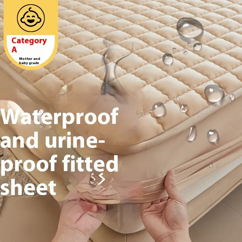 Class A waterproof washed cotton fitted sheet in blue on a bed.