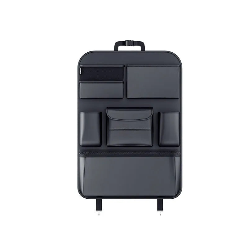 Black leather car seat back hanging storage bag with handle for vehicle organisation