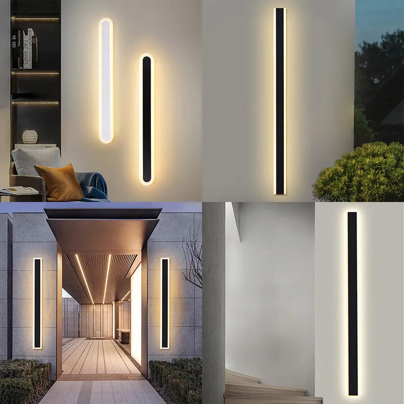 Straight outdoor LED wall lamp with wrought iron shell mounted on an exterior wall.