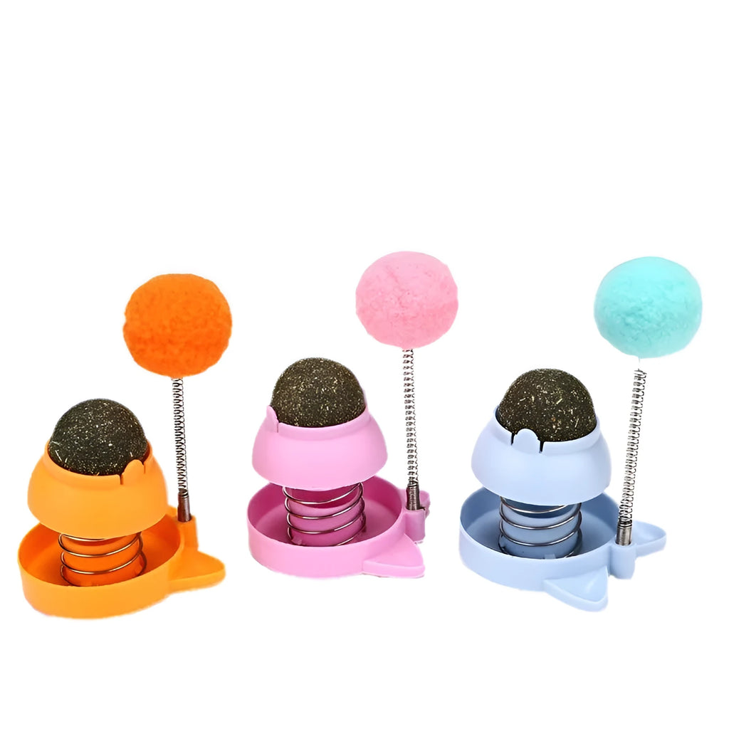 Blue, orange, and pink mint-flavoured ball cat toy for hairball relief and dental care