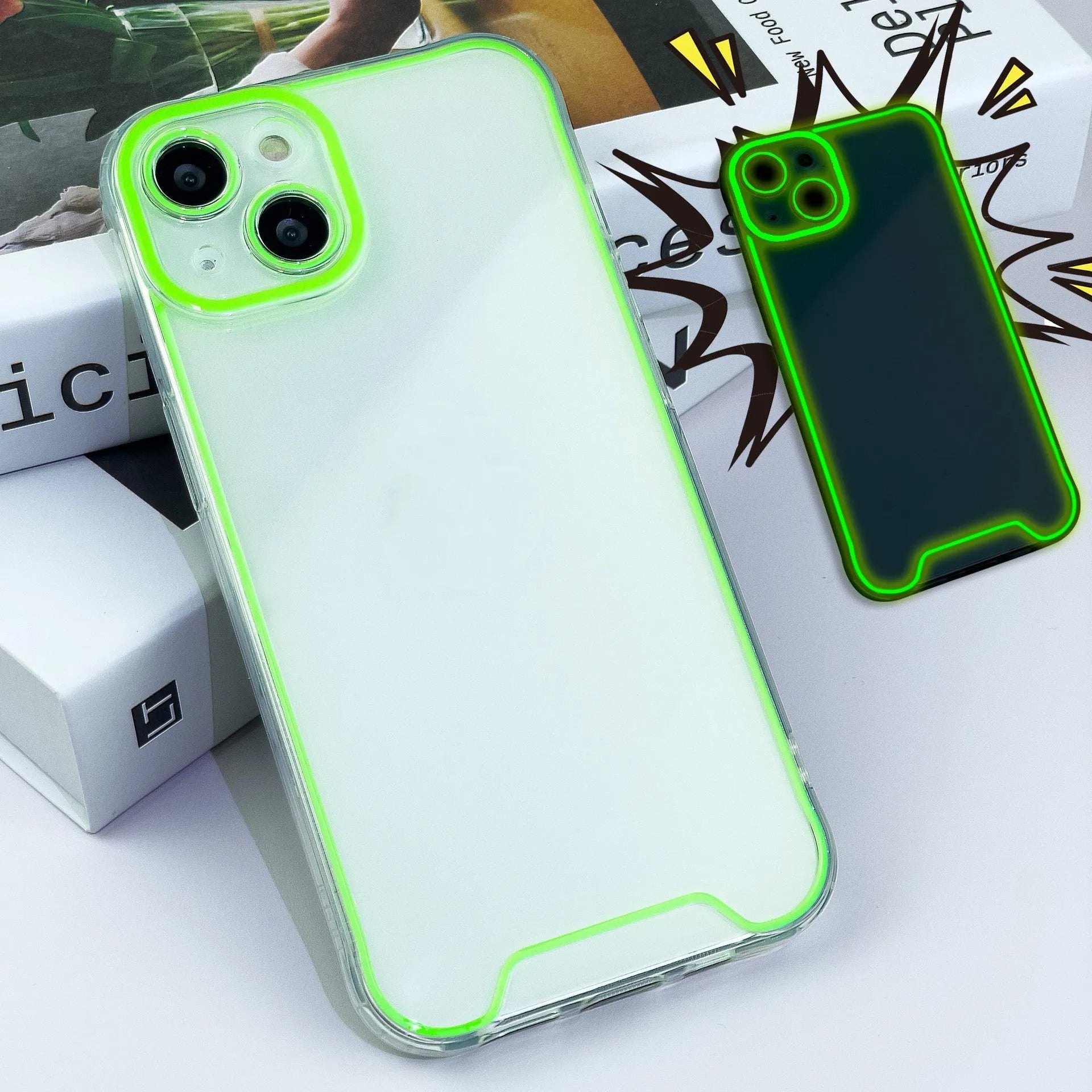 Glow in the dark Christmas phone case for iPhone in multiple colours including green, orange, blue, yellow, and pink.