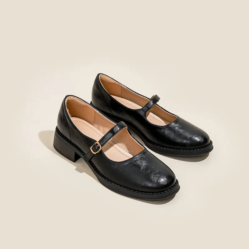 Thick-soled extra height black leather shoes for women with round toe and low top
