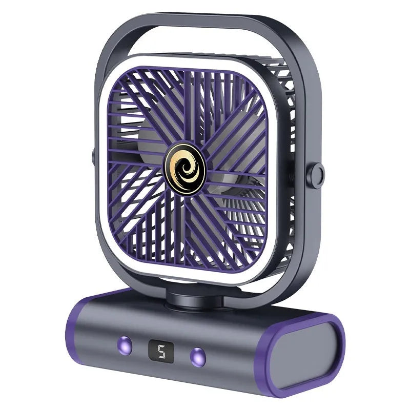 Rechargeable shaking head desktop fan in greyish purple with USB cable, 240x180x96 mm size